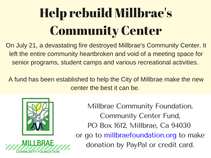 Millbrae Community Foundation, Community Center Fund, PO Box 1612, Millbrae, Ca 94030, or go to www.millbraefoundation.org and make donation by PayPal or credit card.